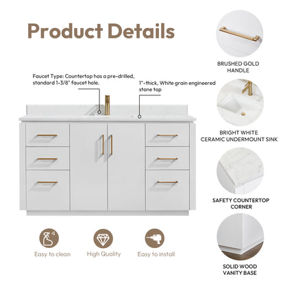 San 60" Free-standing Single Bath Vanity in White with White Grain Composite Stone Top