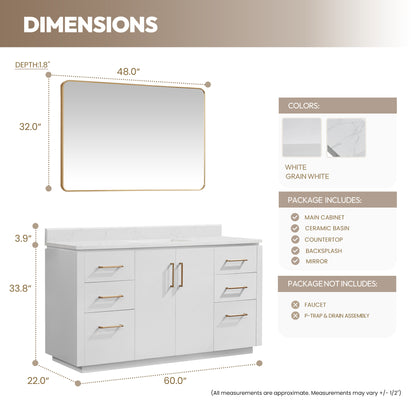 San 60" Free-standing Single Bath Vanity in White with White Grain Composite Stone Top