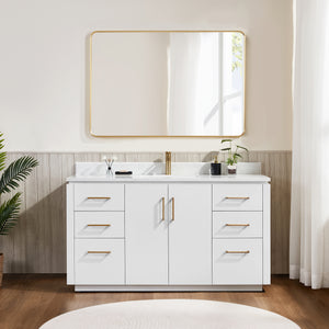 Open image in slideshow, San 60&quot; Free-standing Single Bath Vanity in White with White Grain Composite Stone Top
