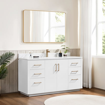 San 60" Free-standing Single Bath Vanity in White with White Grain Composite Stone Top