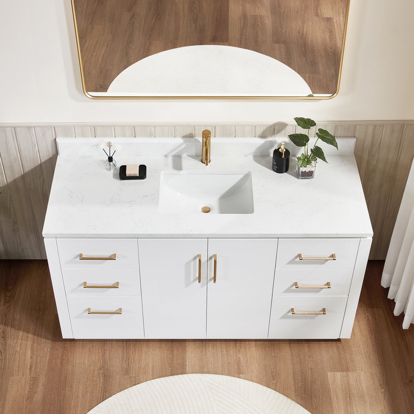 San 60" Free-standing Single Bath Vanity in White with White Grain Composite Stone Top
