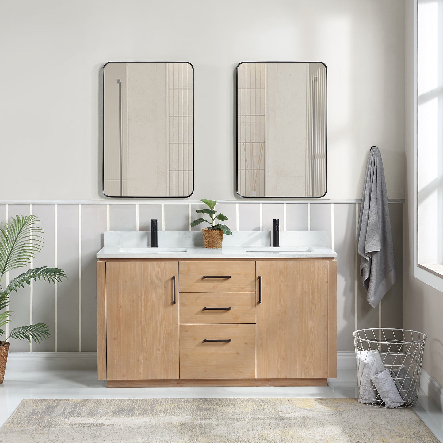 San 60M" Free-standing Double Bath Vanity in Fir Wood Brown with White Grain Composite Stone Top