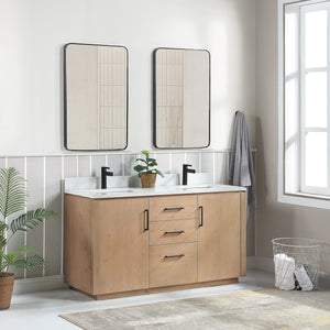 San 60M" Free-standing Double Bath Vanity in Fir Wood Brown with White Grain Composite Stone Top