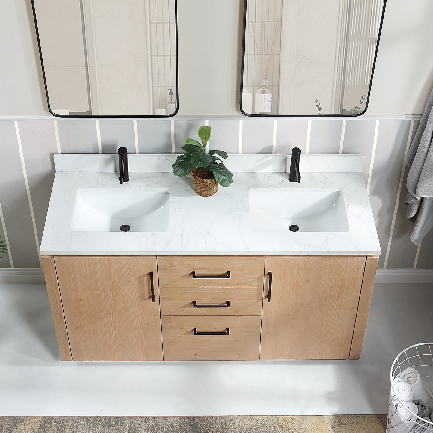 San 60M" Free-standing Double Bath Vanity in Fir Wood Brown with White Grain Composite Stone Top
