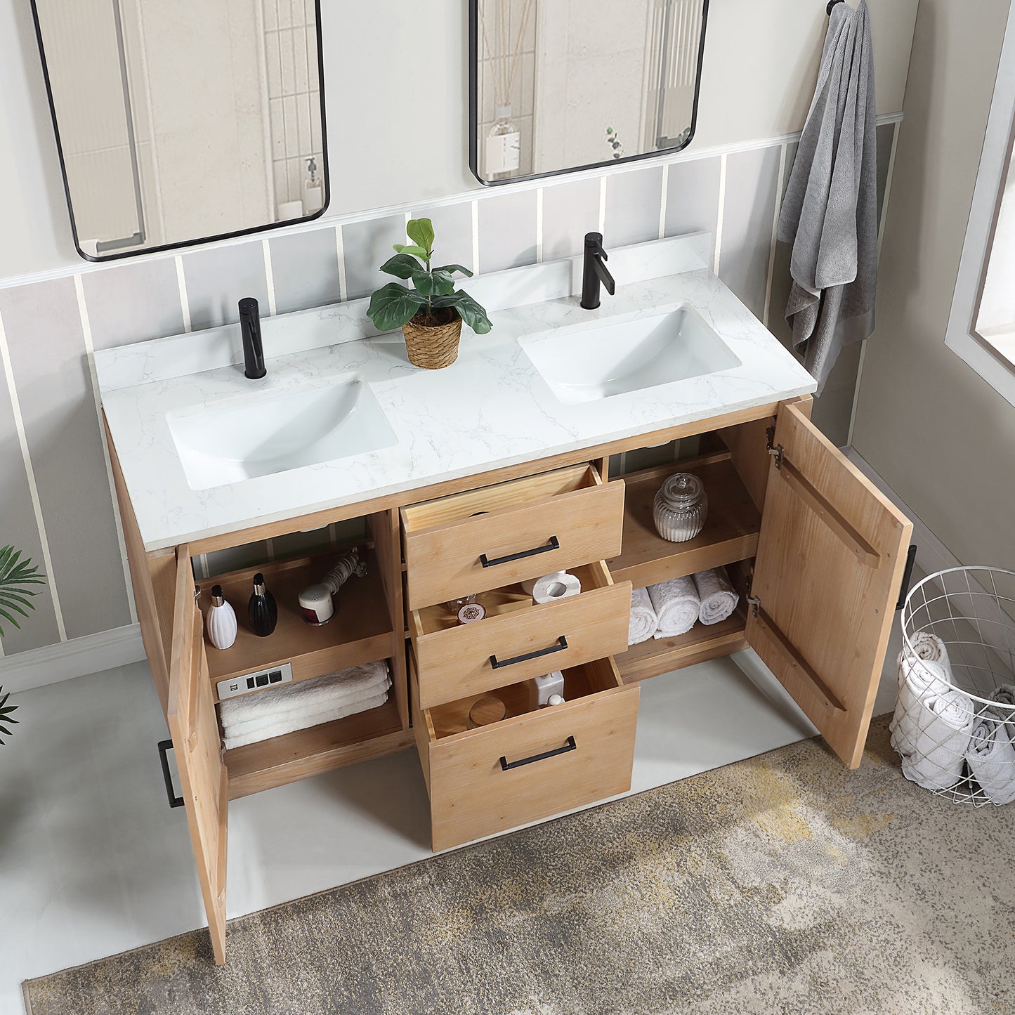 San 60M" Free-standing Double Bath Vanity in Fir Wood Brown with White Grain Composite Stone Top