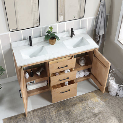 San 60M" Free-standing Double Bath Vanity in Fir Wood Brown with White Grain Composite Stone Top