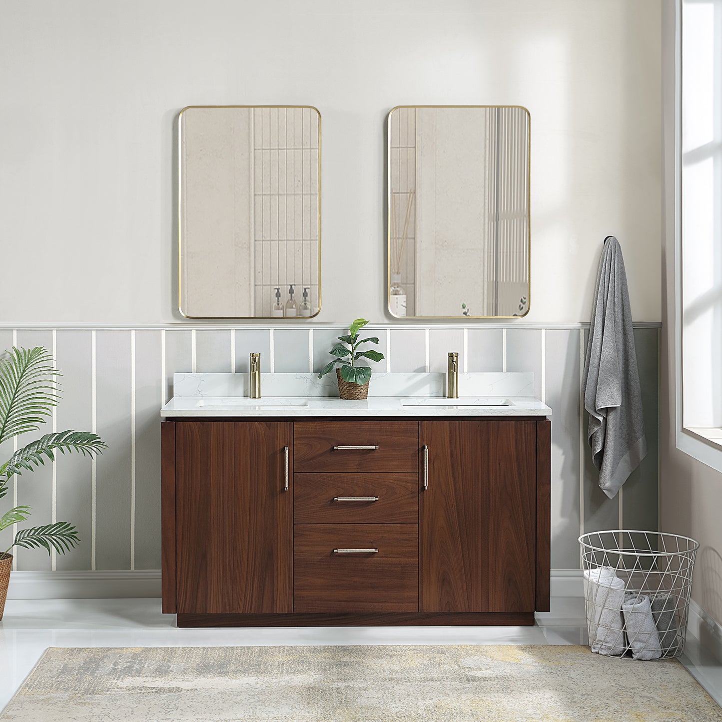 San 60M" Free-standing Double Bath Vanity in Natural Walnut with White Grain Composite Stone Top