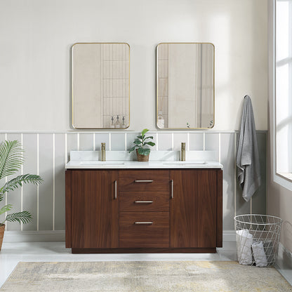 San 60M" Free-standing Double Bath Vanity in Natural Walnut with White Grain Composite Stone Top