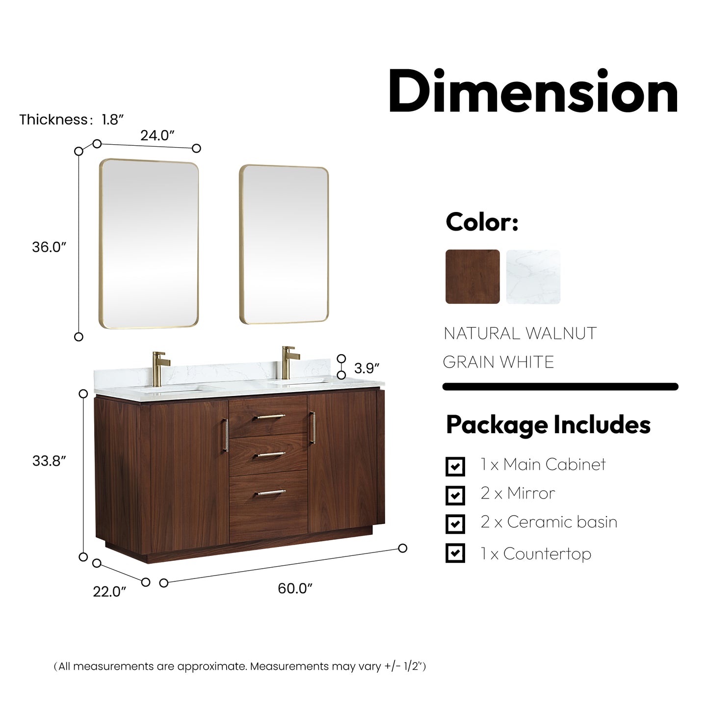 San 60M" Free-standing Double Bath Vanity in Natural Walnut with White Grain Composite Stone Top