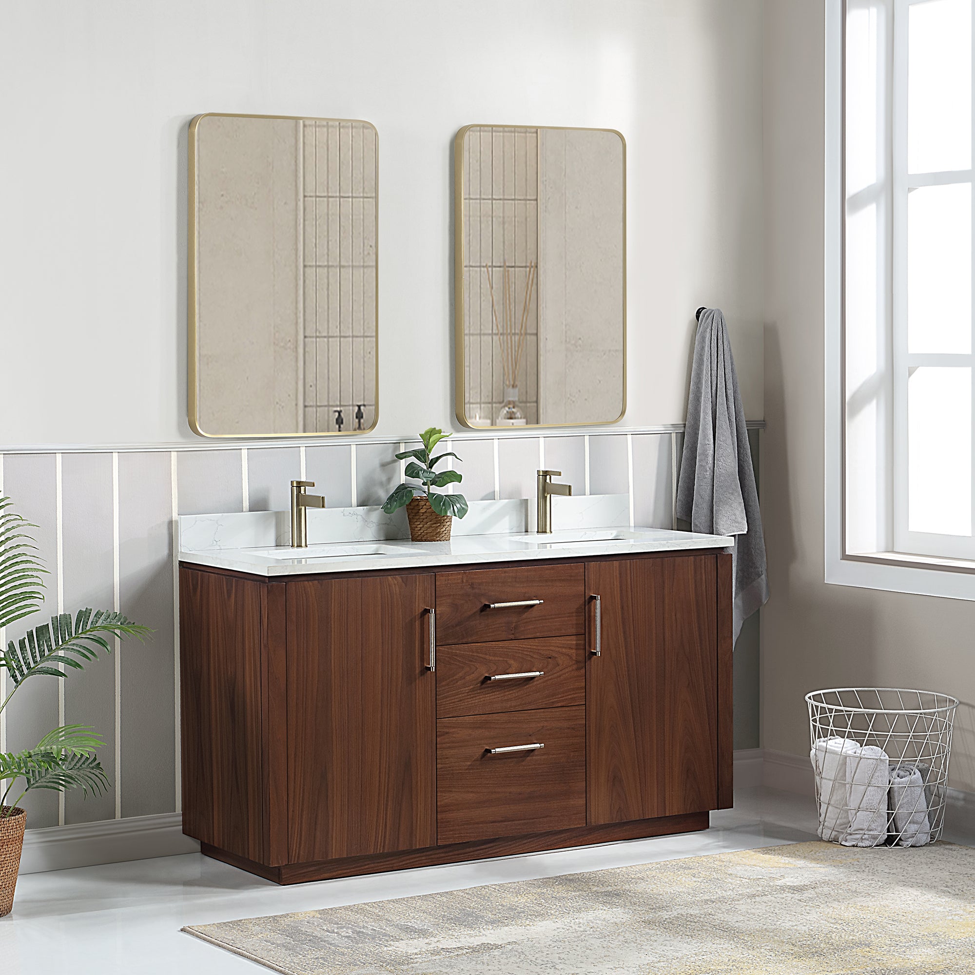San 60M" Free-standing Double Bath Vanity in Natural Walnut with White Grain Composite Stone Top