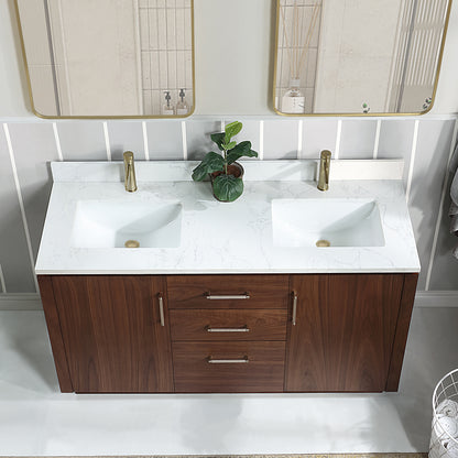 San 60M" Free-standing Double Bath Vanity in Natural Walnut with White Grain Composite Stone Top