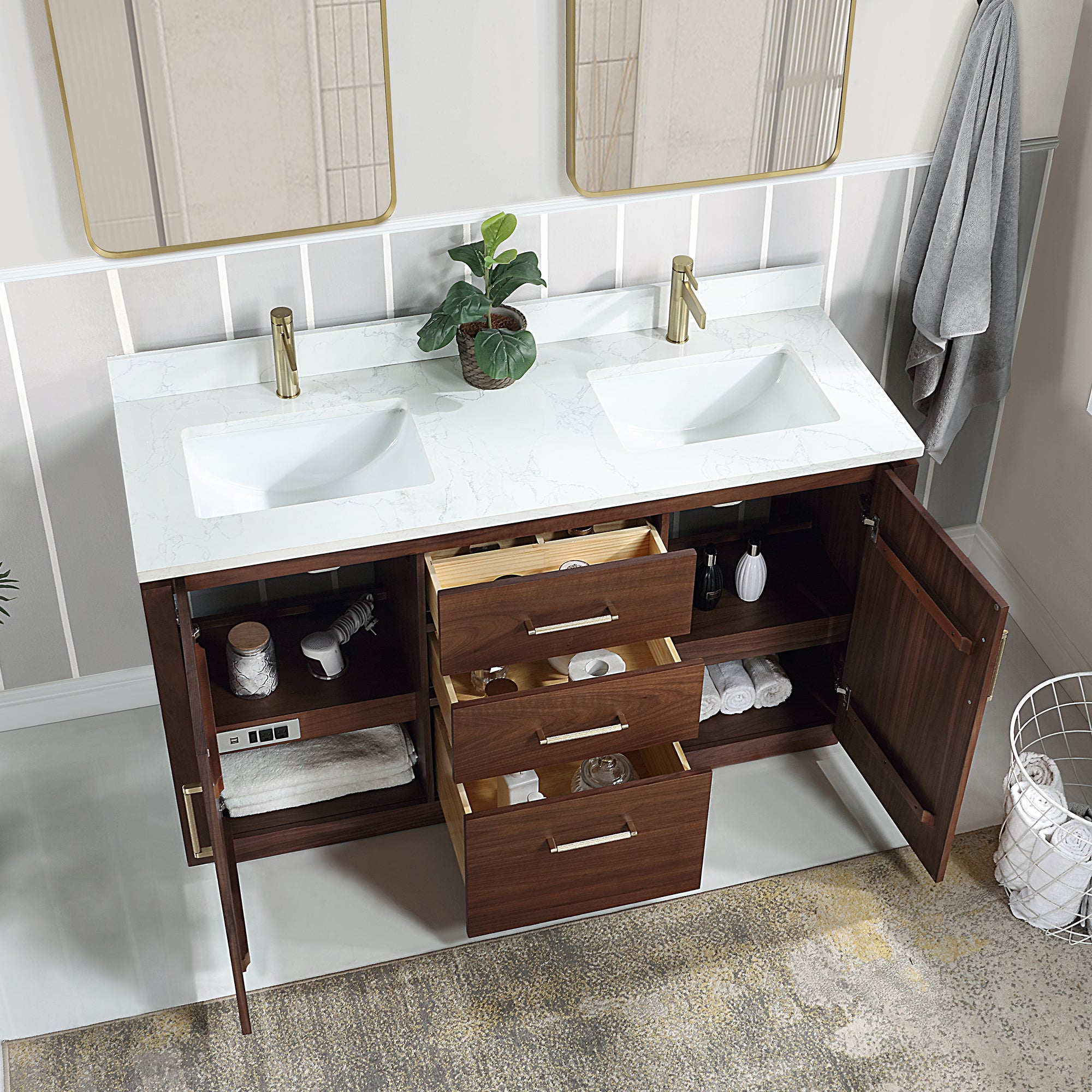 San 60M" Free-standing Double Bath Vanity in Natural Walnut with White Grain Composite Stone Top