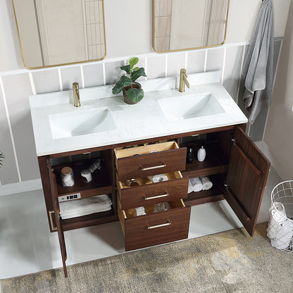 San 60M" Free-standing Double Bath Vanity in Natural Walnut with White Grain Composite Stone Top
