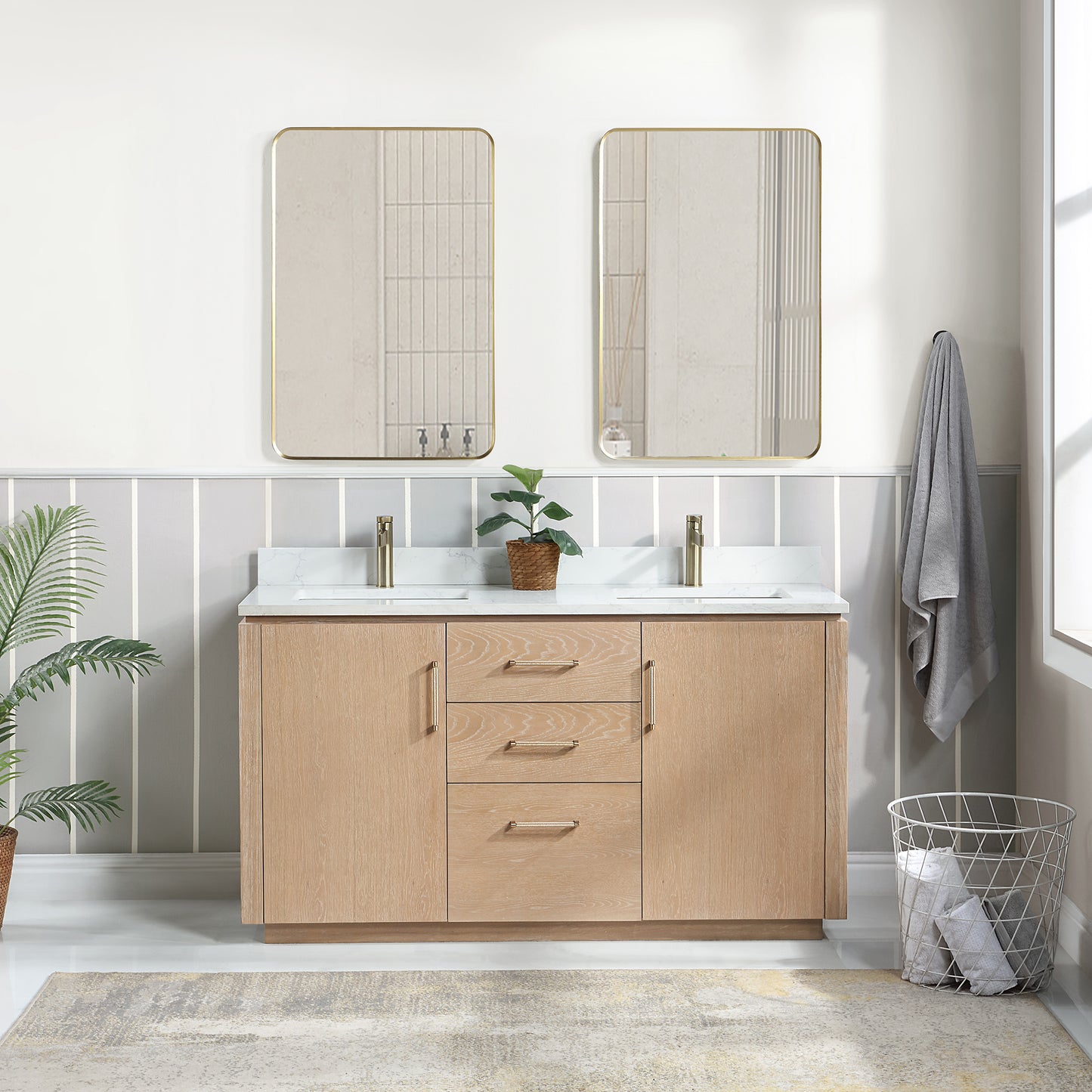 San 60M" Free-standing Double Bath Vanity in Washed Ash Grey with White Grain Composite Stone Top
