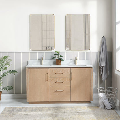 San 60M" Free-standing Double Bath Vanity in Washed Ash Grey with White Grain Composite Stone Top