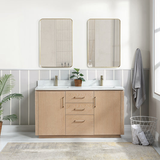 San 60M" Free-standing Double Bath Vanity in Washed Ash Grey with White Grain Composite Stone Top