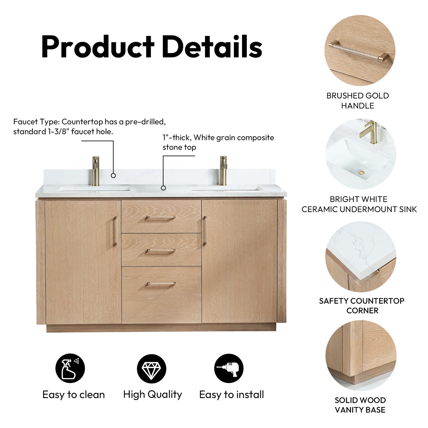 San 60M" Free-standing Double Bath Vanity in Washed Ash Grey with White Grain Composite Stone Top