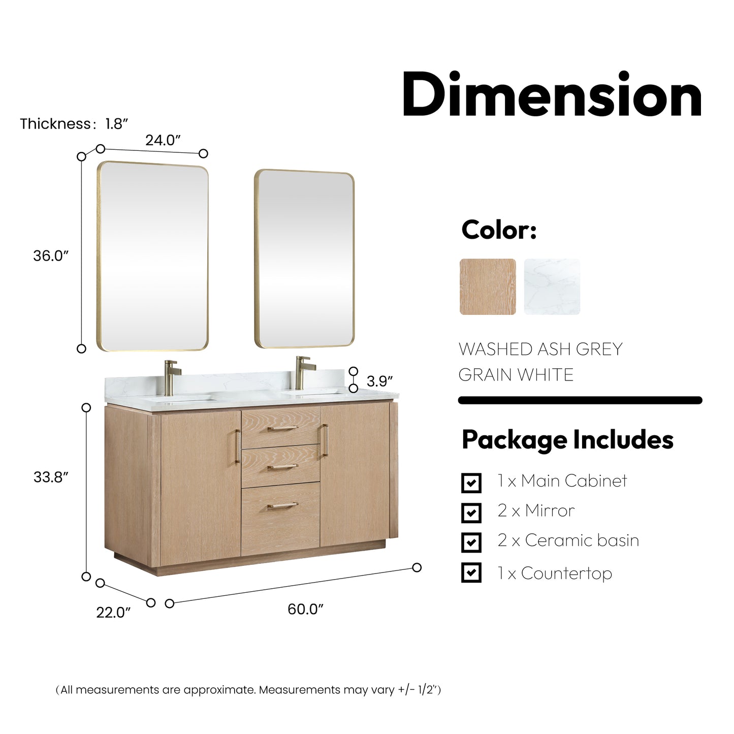 San 60M" Free-standing Double Bath Vanity in Washed Ash Grey with White Grain Composite Stone Top