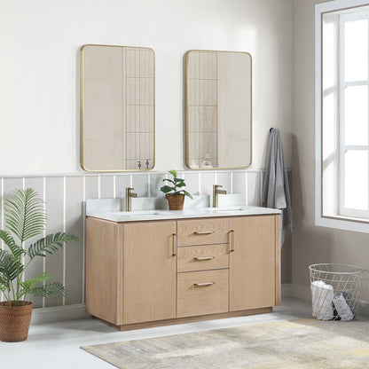 San 60M" Free-standing Double Bath Vanity in Washed Ash Grey with White Grain Composite Stone Top