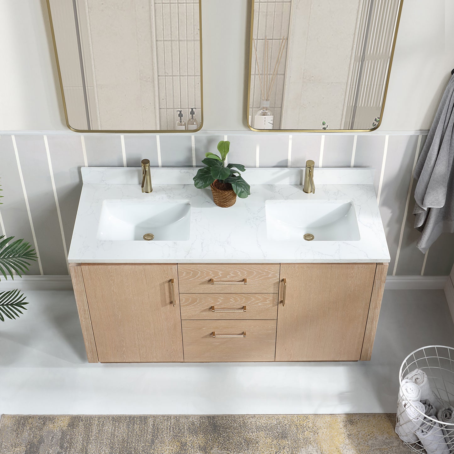 San 60M" Free-standing Double Bath Vanity in Washed Ash Grey with White Grain Composite Stone Top
