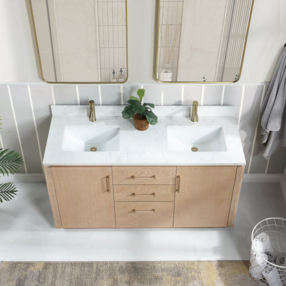 San 60M" Free-standing Double Bath Vanity in Washed Ash Grey with White Grain Composite Stone Top