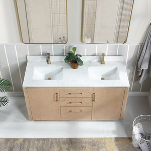 San 60M" Free-standing Double Bath Vanity in Washed Ash Grey with White Grain Composite Stone Top