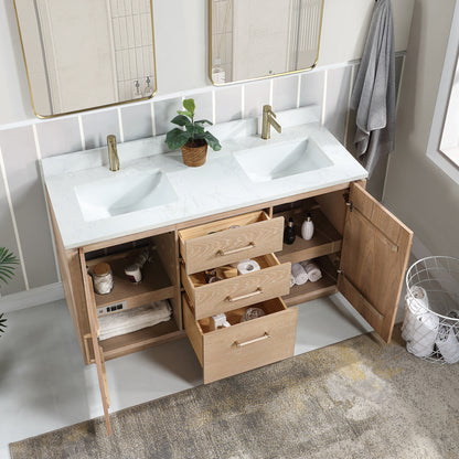 San 60M" Free-standing Double Bath Vanity in Washed Ash Grey with White Grain Composite Stone Top