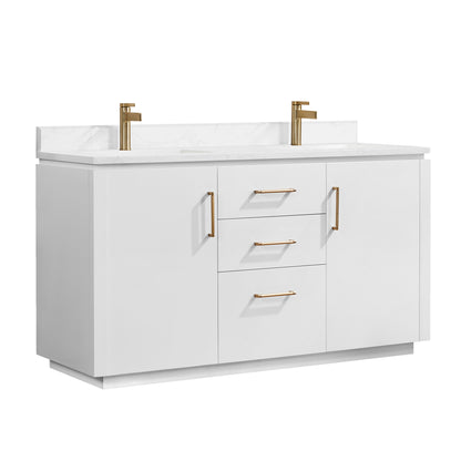 San 60M" Free-standing Double Bath Vanity in White with White Grain Composite Stone Top
