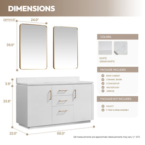 San 60M" Free-standing Double Bath Vanity in White with White Grain Composite Stone Top