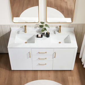 San 60M" Free-standing Double Bath Vanity in White with White Grain Composite Stone Top