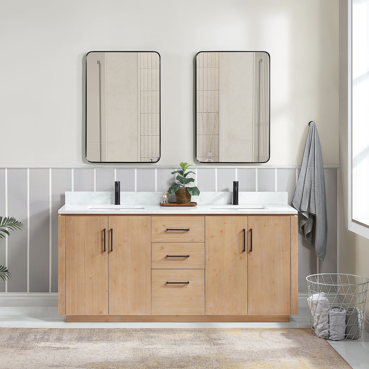 San 72" Free-standing Double Bath Vanity in Fir Wood Brown with White Grain Composite Stone Top