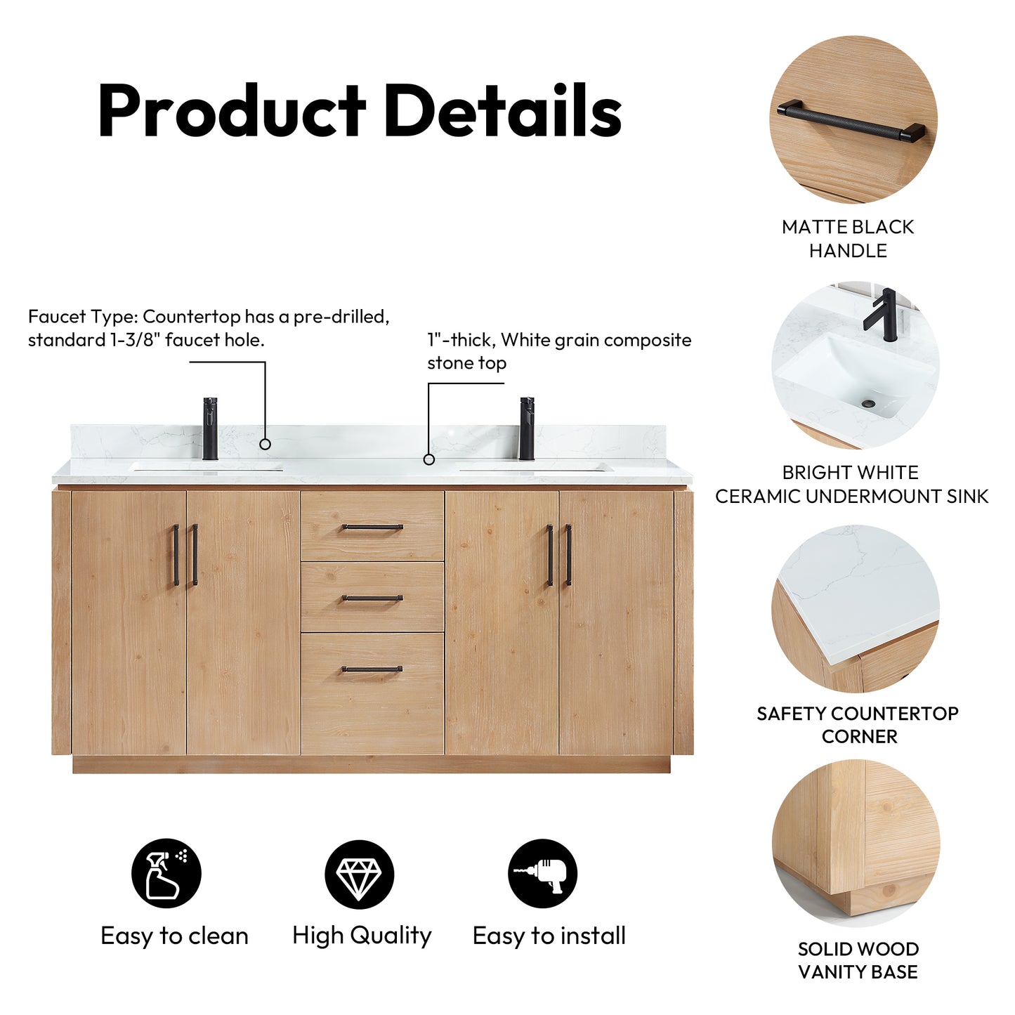San 72" Free-standing Double Bath Vanity in Fir Wood Brown with White Grain Composite Stone Top