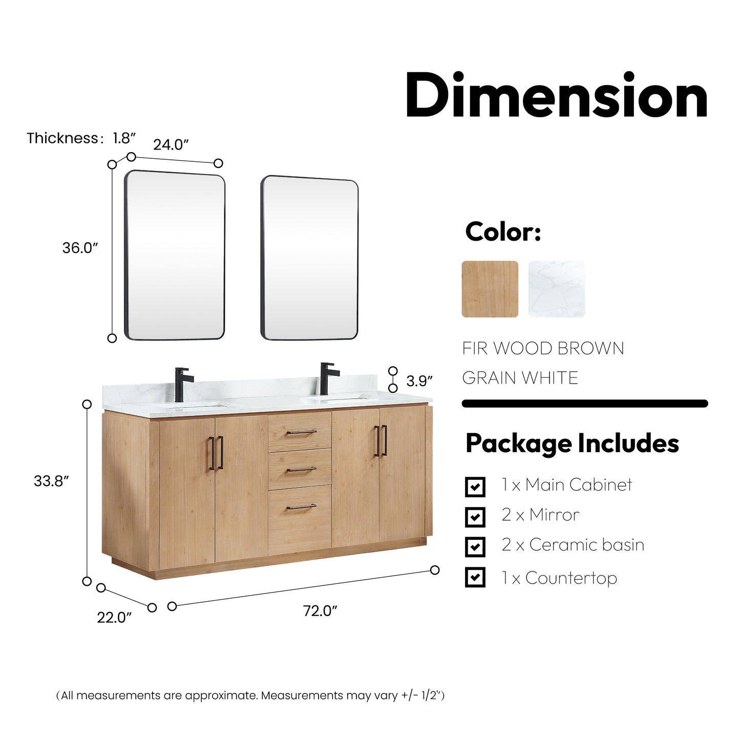 San 72" Free-standing Double Bath Vanity in Fir Wood Brown with White Grain Composite Stone Top