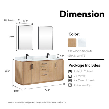 San 72" Free-standing Double Bath Vanity in Fir Wood Brown with White Grain Composite Stone Top