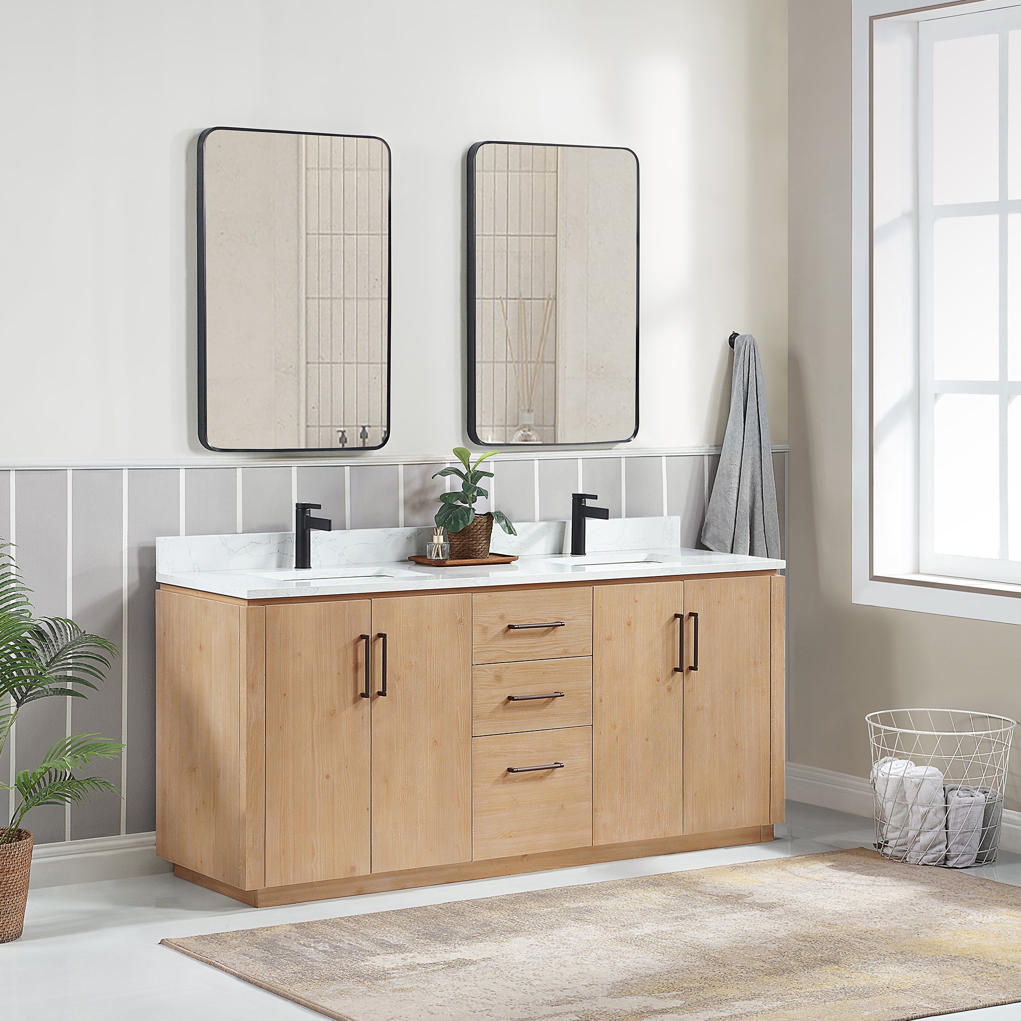 San 72" Free-standing Double Bath Vanity in Fir Wood Brown with White Grain Composite Stone Top
