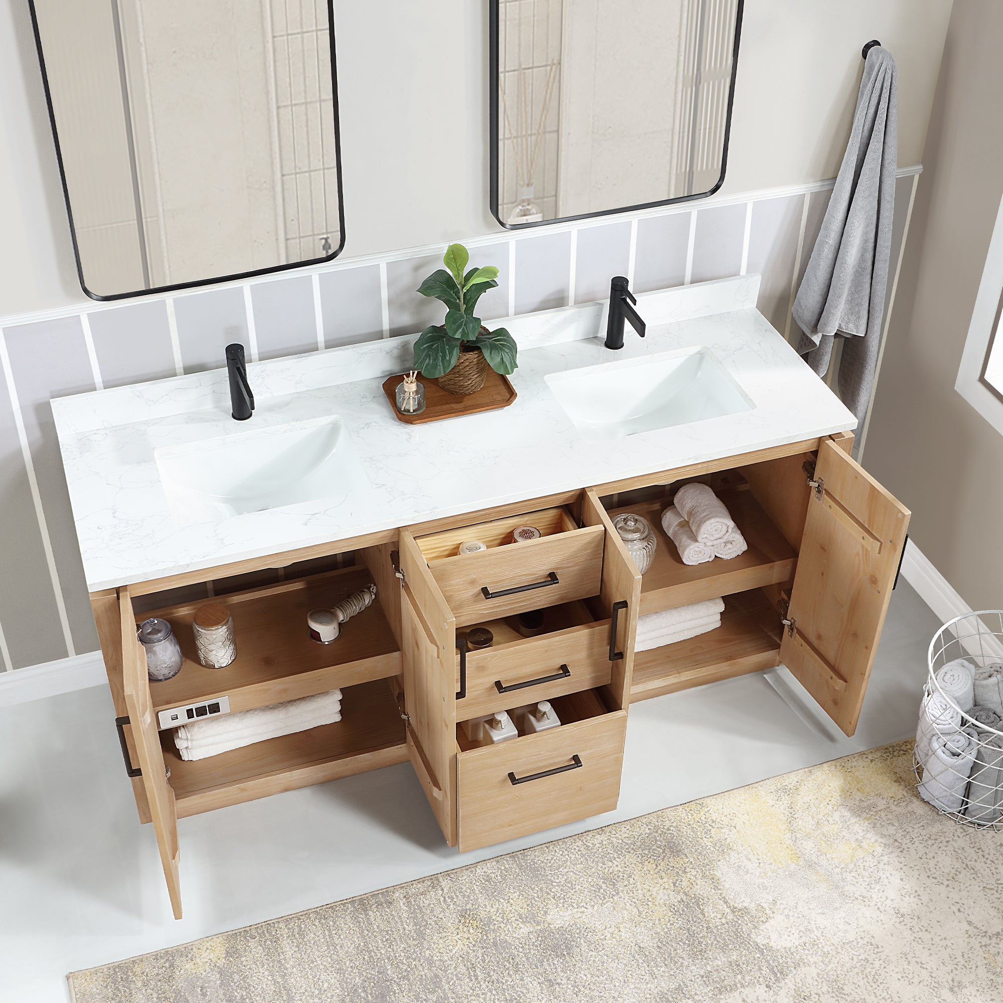 San 72" Free-standing Double Bath Vanity in Fir Wood Brown with White Grain Composite Stone Top
