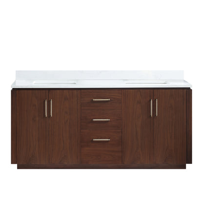 San 72" Free-standing Double Bath Vanity in Natural Walnut with White Grain Composite Stone Top