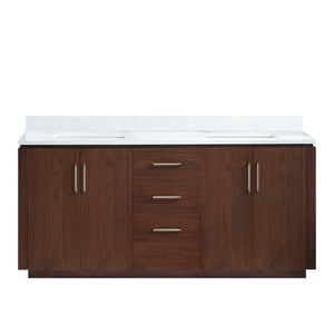 Open image in slideshow, San 72&quot; Free-standing Double Bath Vanity in Natural Walnut with White Grain Composite Stone Top
