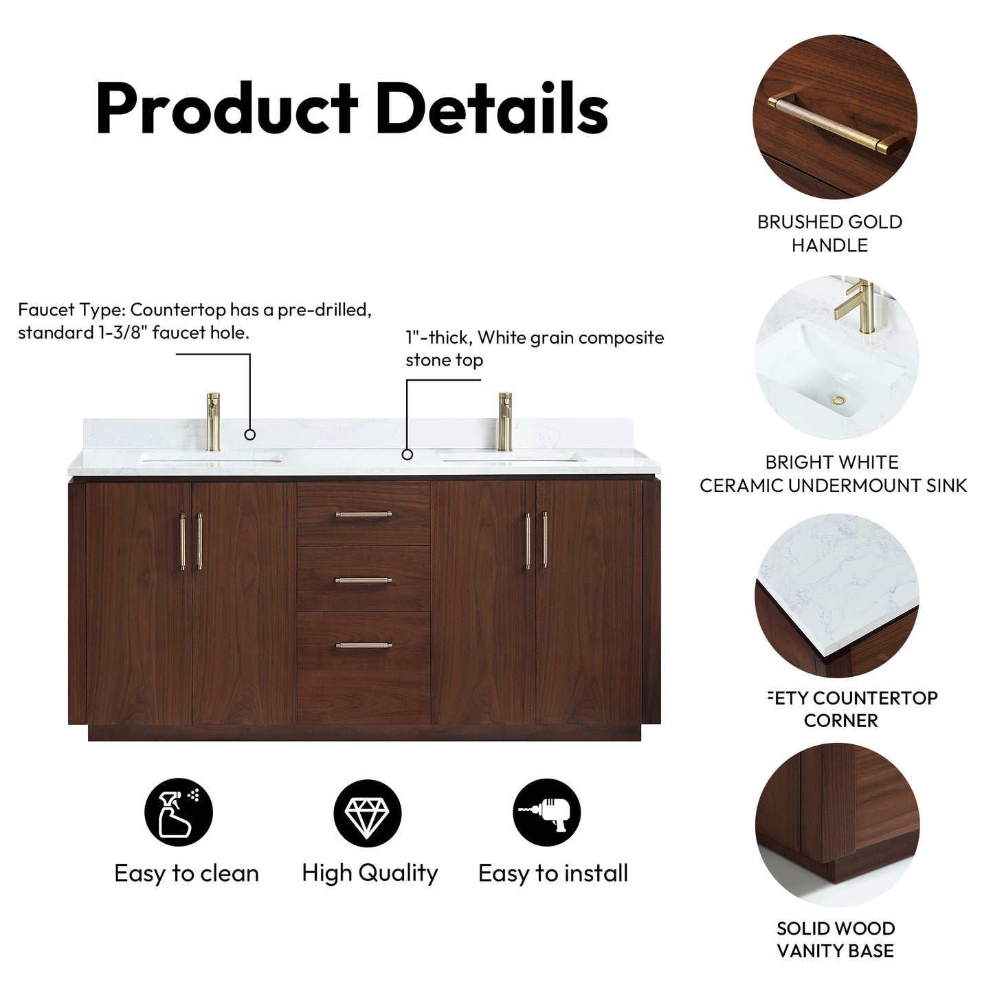 San 72" Free-standing Double Bath Vanity in Natural Walnut with White Grain Composite Stone Top