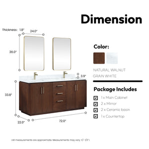 San 72" Free-standing Double Bath Vanity in Natural Walnut with White Grain Composite Stone Top