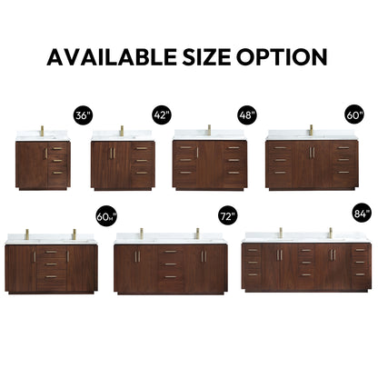 San 72" Free-standing Double Bath Vanity in Natural Walnut with White Grain Composite Stone Top