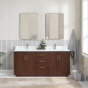 San 72" Free-standing Double Bath Vanity in Natural Walnut with White Grain Composite Stone Top