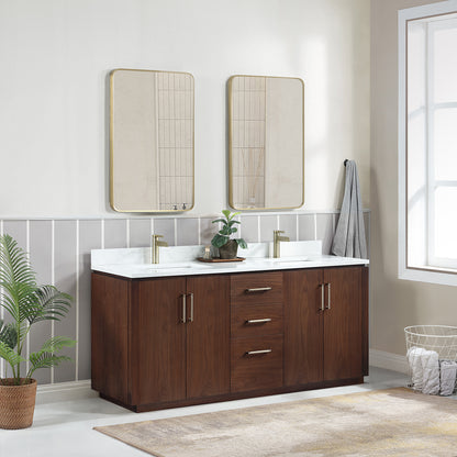 San 72" Free-standing Double Bath Vanity in Natural Walnut with White Grain Composite Stone Top