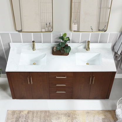 San 72" Free-standing Double Bath Vanity in Natural Walnut with White Grain Composite Stone Top
