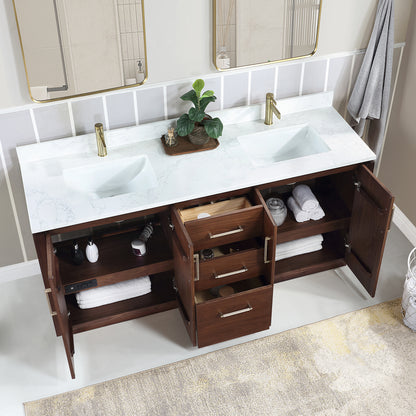 San 72" Free-standing Double Bath Vanity in Natural Walnut with White Grain Composite Stone Top