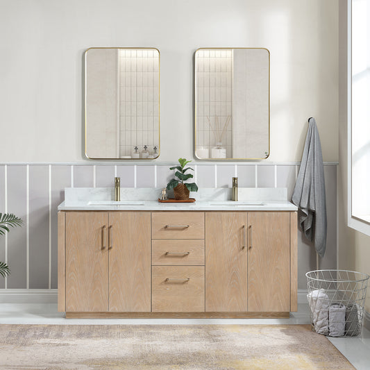 San 72" Free-standing Double Bath Vanity in Washed Ash Grey with White Grain Composite Stone Top