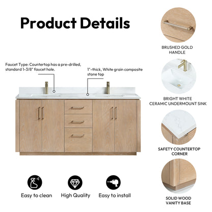 San 72" Free-standing Double Bath Vanity in Washed Ash Grey with White Grain Composite Stone Top