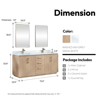 San 72" Free-standing Double Bath Vanity in Washed Ash Grey with White Grain Composite Stone Top