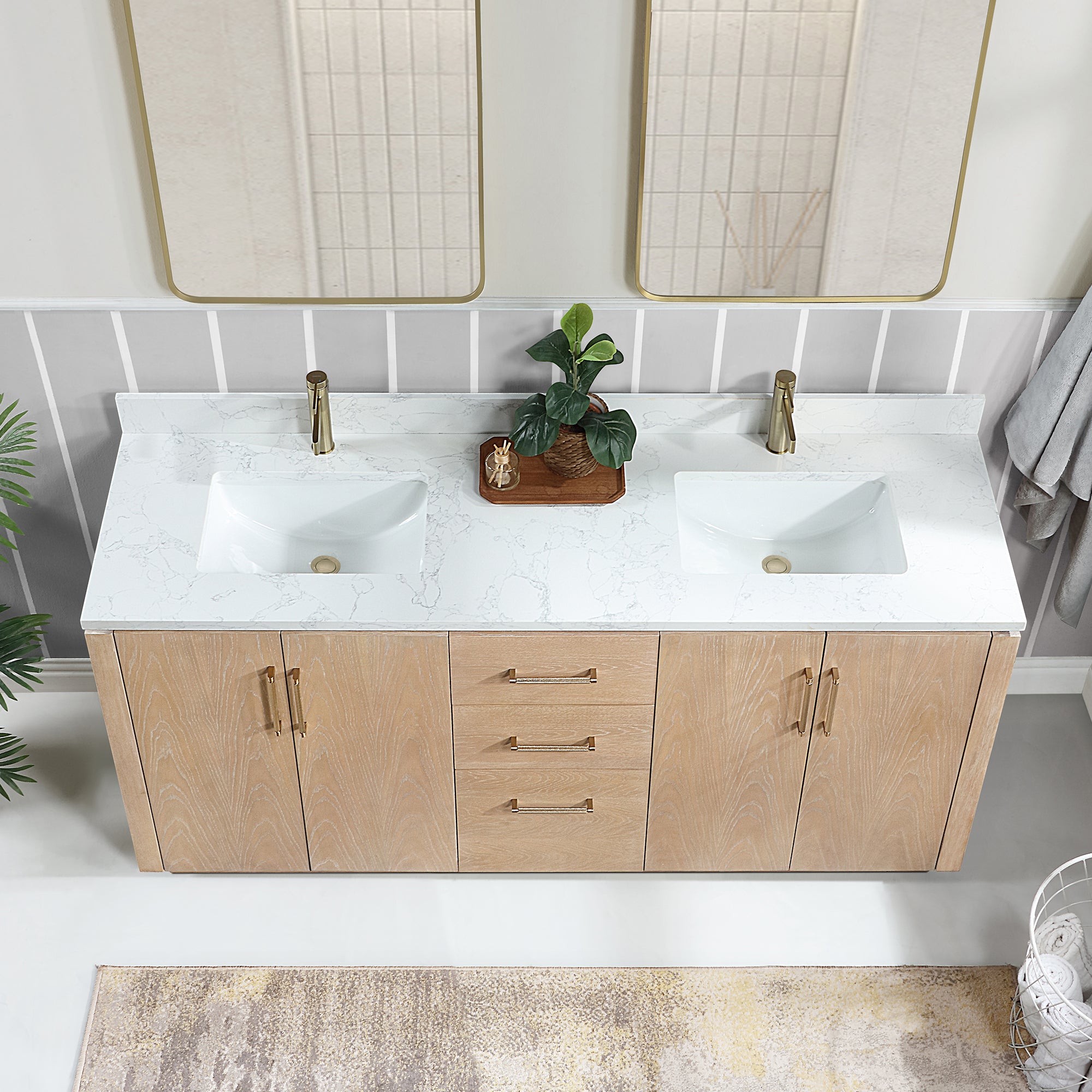 San 72" Free-standing Double Bath Vanity in Washed Ash Grey with White Grain Composite Stone Top