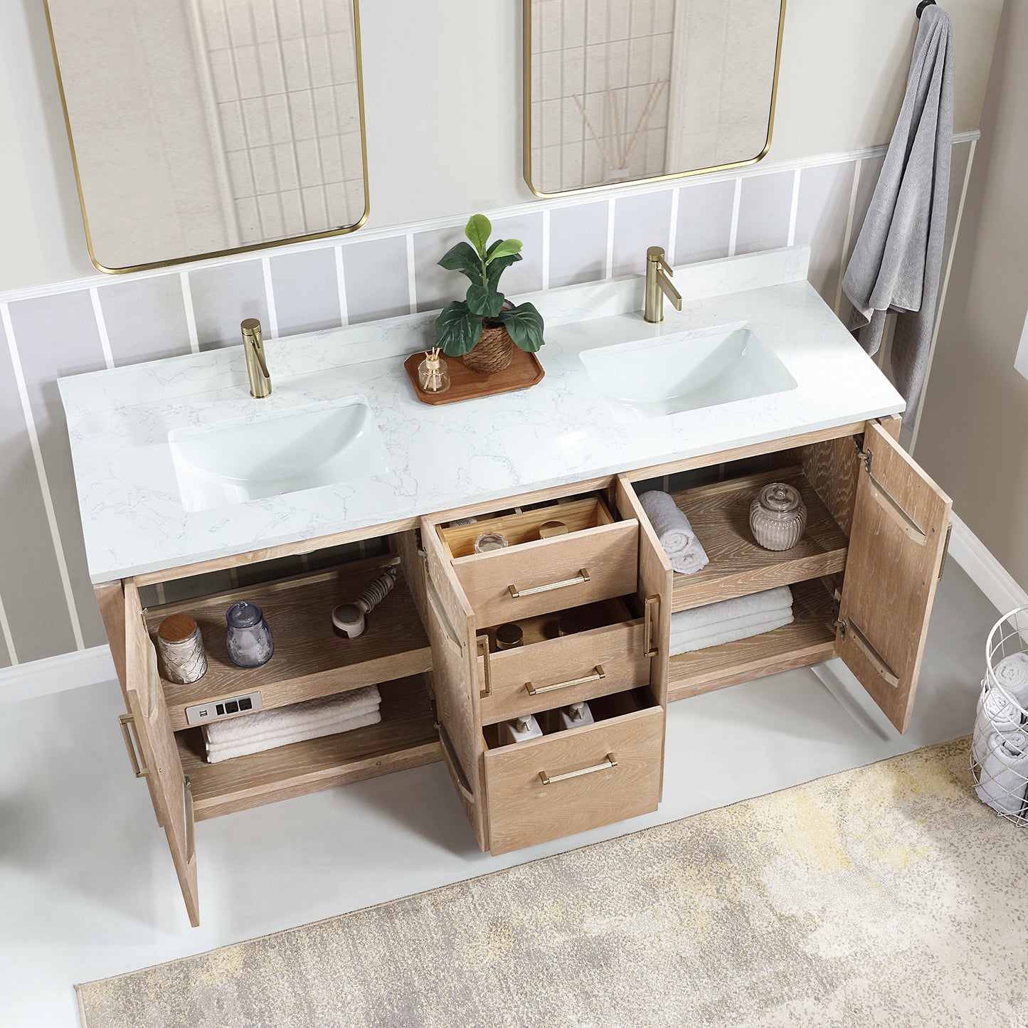 San 72" Free-standing Double Bath Vanity in Washed Ash Grey with White Grain Composite Stone Top
